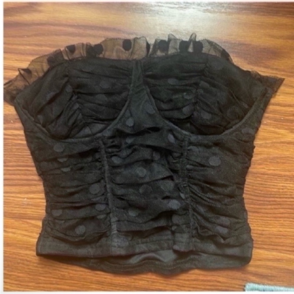 Lulu’s Black Polka dot ruched mesh bustier top - Picture 2 of 2